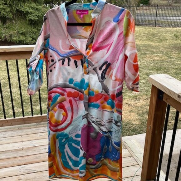Canadian Designer Claire Desjardins Tab Sleeve Abstract Art Popover Shirt Dress - Picture 1 of 8